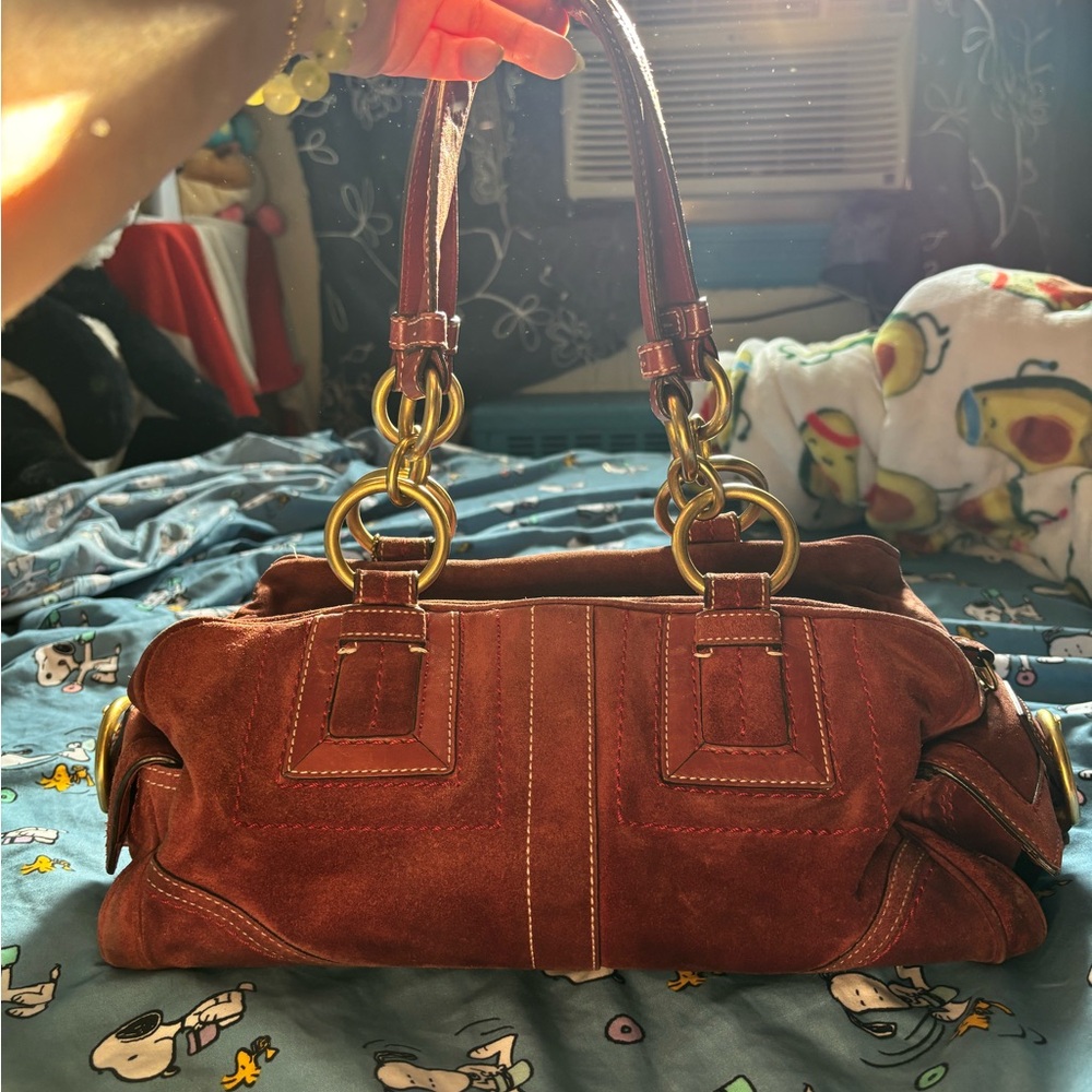 Coach Brown Suede Shoulder Bag with Gold Accents